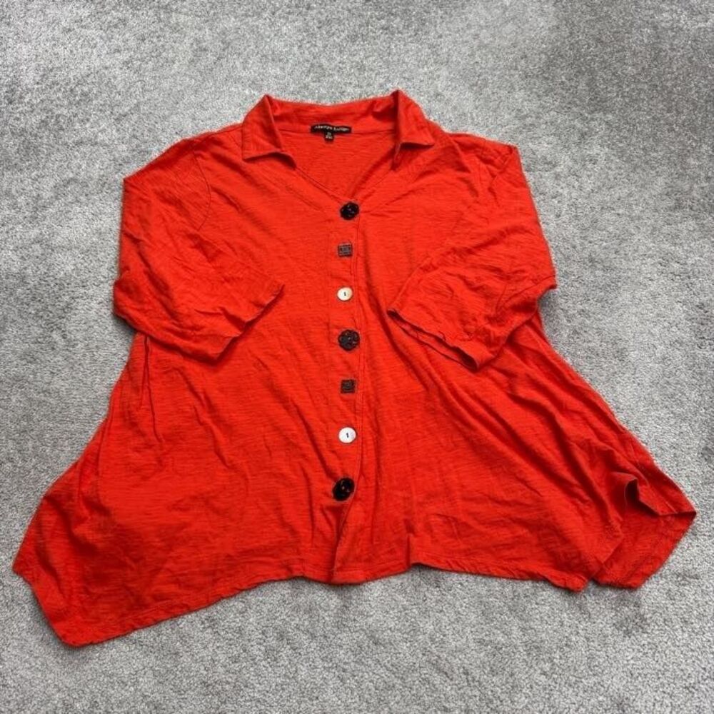Always Indigo Asymmetrical Tunic Blouse Womens 2X Plus Red Unmatched Buttons Top